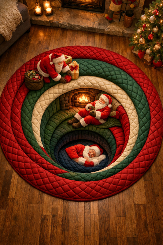 3D Christmas illusion rug featuring Santa in a quilted spiral design