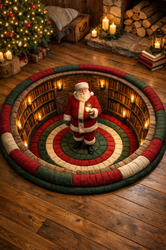 3D Christmas village illusion rug in a cozy living room