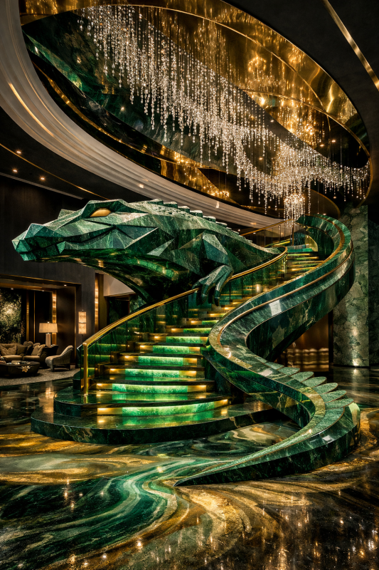 Crocodile-shaped luxury staircase crafted from green marble with integrated lighting in an ultra-luxury interior