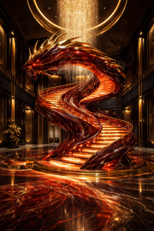 Dragon-shaped luxury art staircase with glowing steps and dramatic sculptural design in a mansion