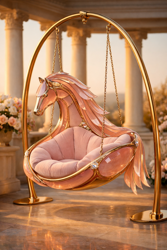 Horse-inspired sculptural hanging chair featuring elegant curves, gold accents, and artistic luxury furniture design