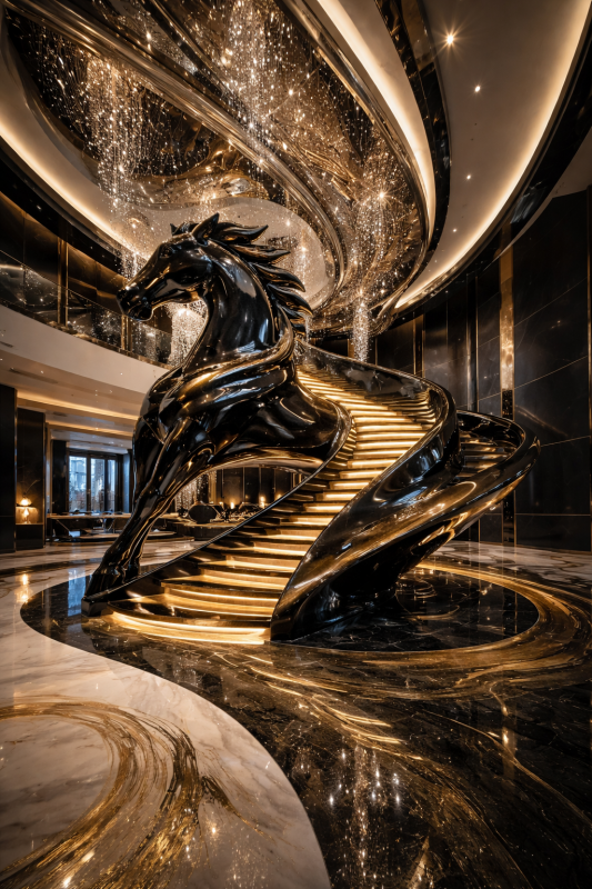 Horse-shaped sculptural staircase in black marble and gold accents inside a luxury modern mansion