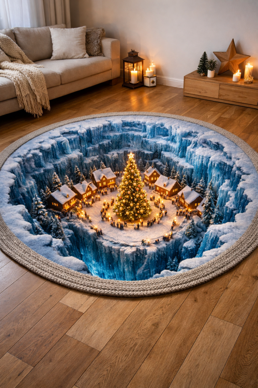 Cozy 3D Christmas illusion rug with Santa by a fireplace
