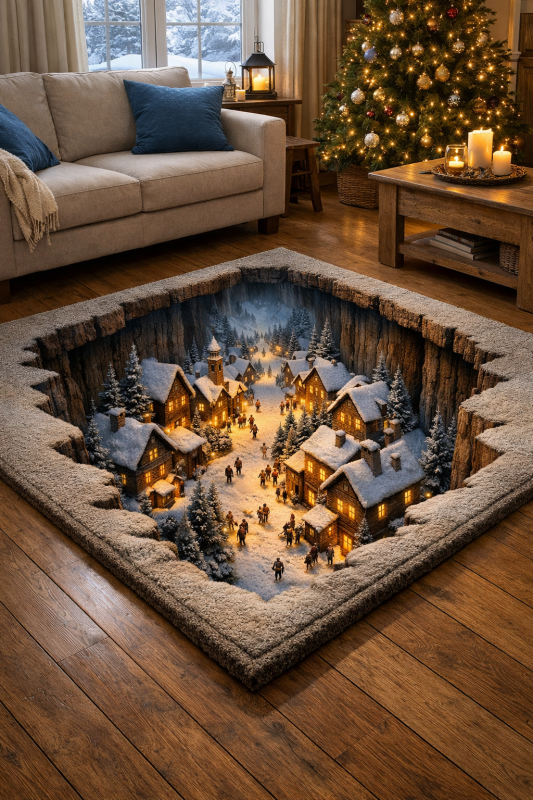 Christmas quilt rug revealing a hidden winter village illusion