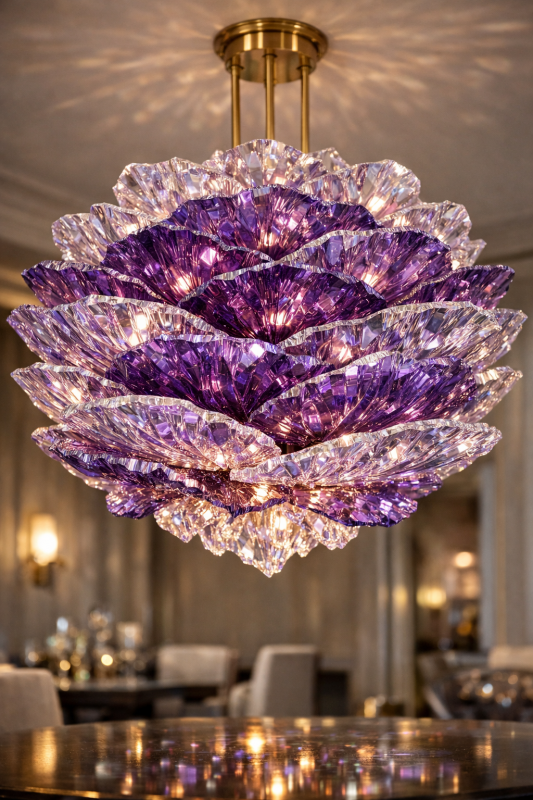Luxury artistic chandelier with sculptural golden wings in a grand interior space