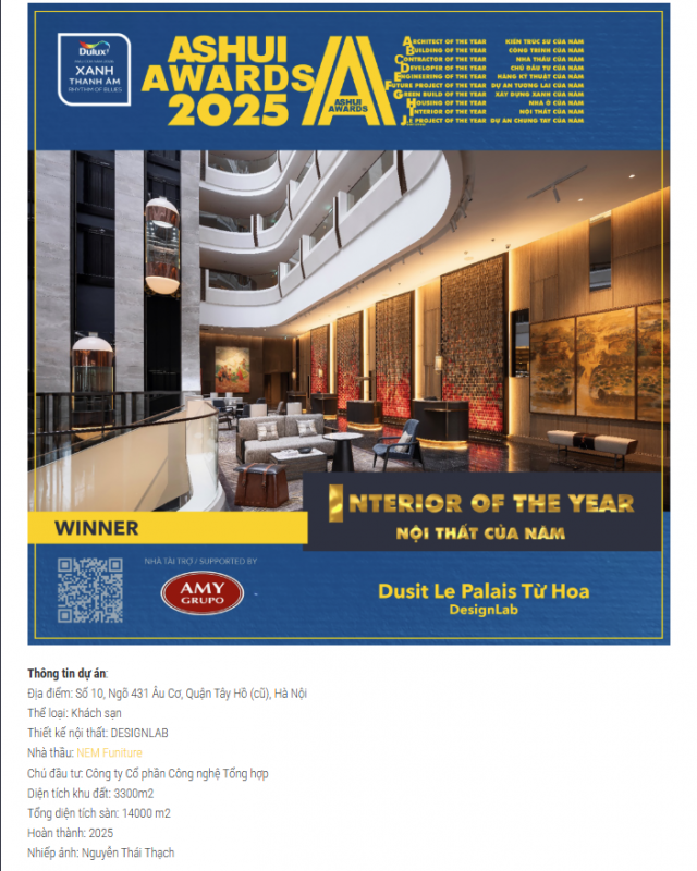 NEM thi công nội thất khách sạn Dusit Le Palais Từ Hoa – Interior of the Year 2025 tại Ashui Awards