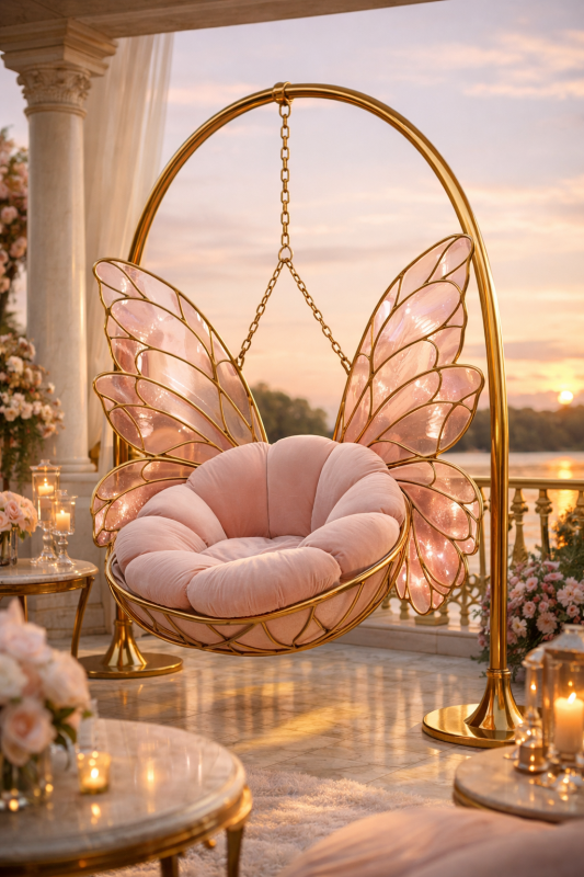 Butterfly wing sculptural hanging chair with translucent panels and elegant gold frame for luxury outdoor living