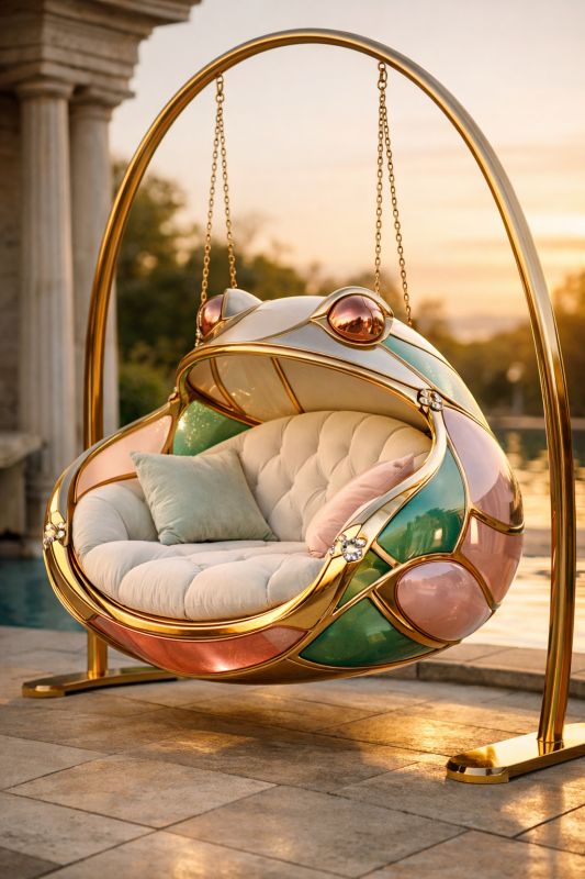 Frog-inspired sculptural hanging chair with rounded organic form and luxury nature-inspired furniture design