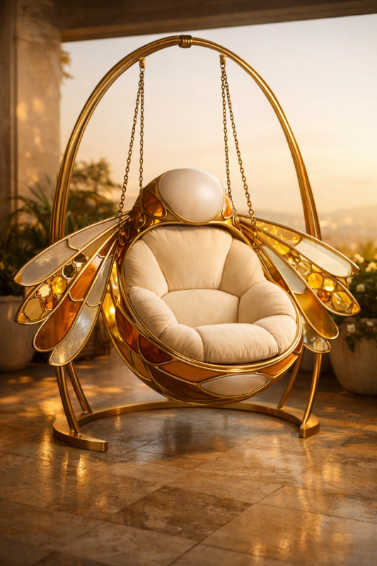 Luxury sculptural hanging chair inspired by a honeybee design with gold metal frame and translucent amber details