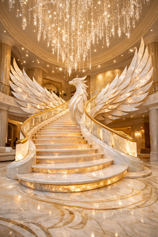 Luxury phoenix-inspired sculptural staircase in a high-end mansion interior with marble and golden lighting