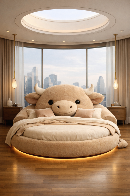 Ox inspired animal shaped luxury bed with solid rounded form