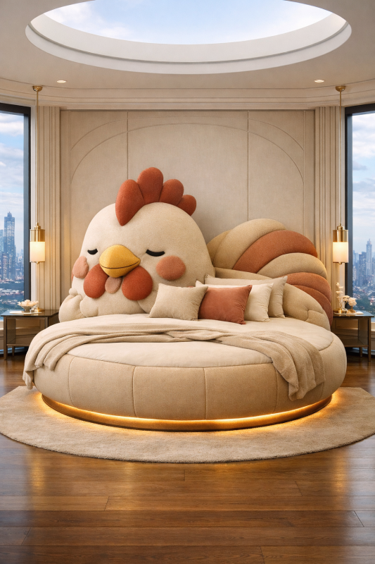Rooster shaped luxury bed with plush sculptural form