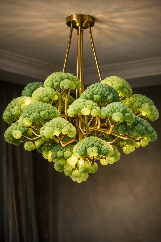 Luxury artistic chandelier with sculptural golden wings in a grand interior space