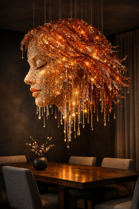 Sculptural chandelier made of crystal and light forming an artistic portrait